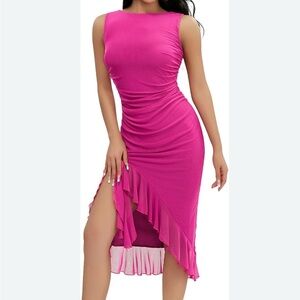 New Sexy Pink Ruched Bodycon Midi Dress / Large